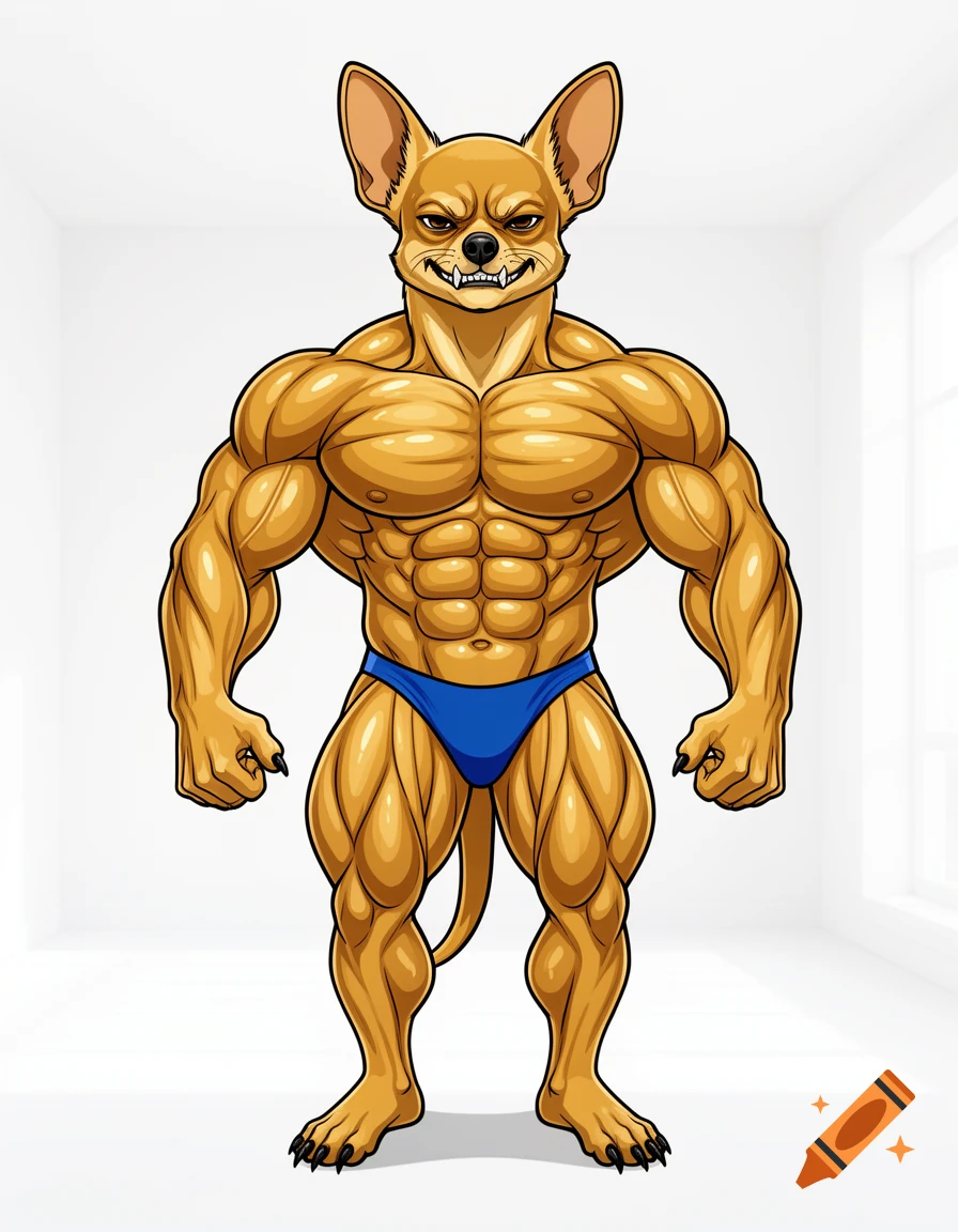 An anthropomorphic chihuahua bodybuilder with massive muscles in a blue posing thong, standing in a white room, digital art style.