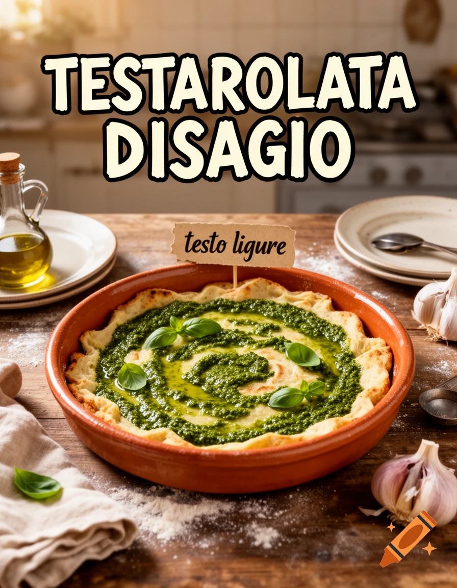 A rustic terracotta baking dish with green pesto and a sign reading 'testo ligure', with text above reading 'TESTAROLATA DISAGIO'.