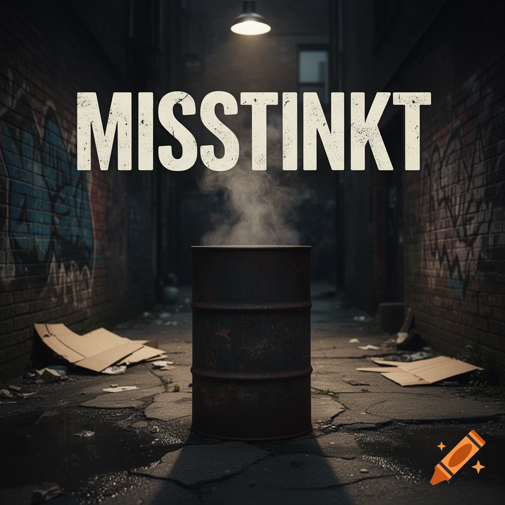 An alleyway at night featuring a rusty metal barrel with steam rising, surrounded by cardboard boxes and graffiti, with the text 'MISSTINKT' across the top.
