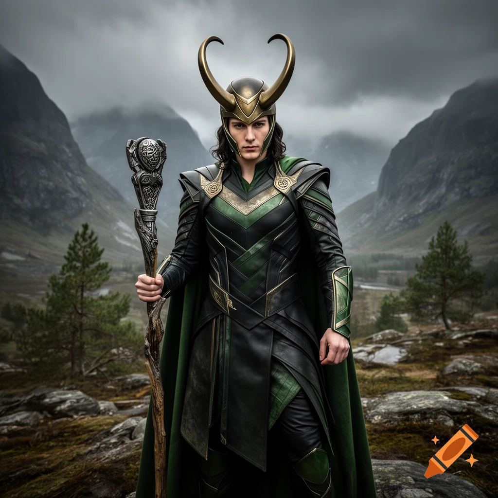 Photorealistic portrayal of Loki holding a scepter, wearing horned helmet and green leather armor in a mountainous landscape.
