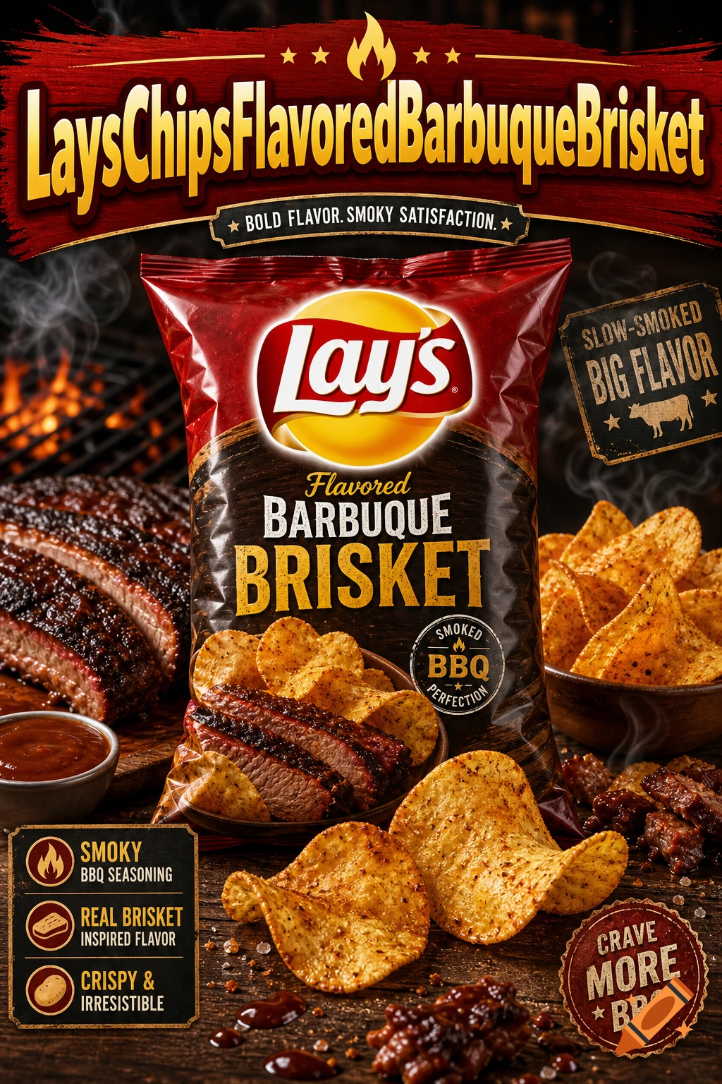 Photorealistic advertisement for Lay's Barbuque Brisket chips featuring a bag, bowls of chips, and smoked ribs on wooden surface.