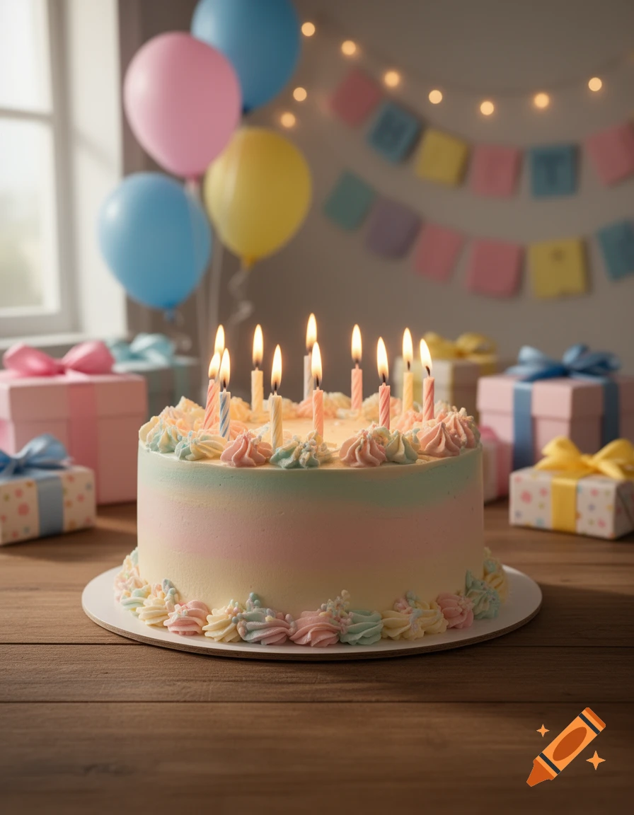 A colorful birthday cake with lit candles on a wooden table, surrounded by balloons and gifts.