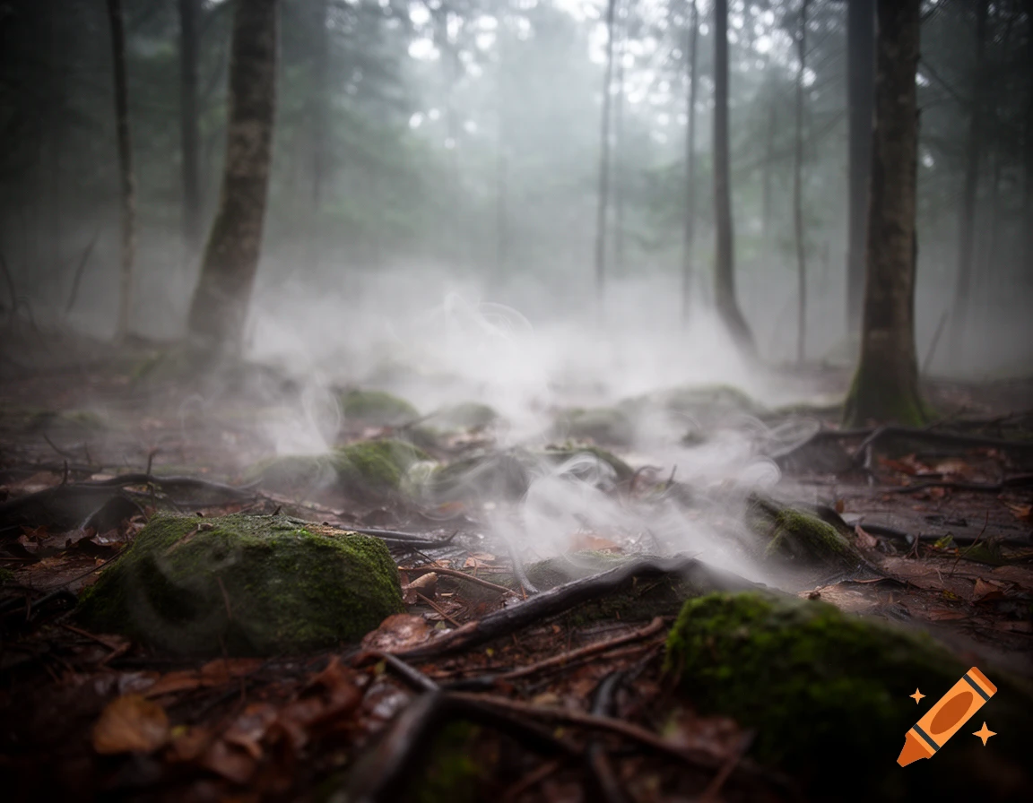 Photorealistic image of fog rising from the ground in a mossy, dark forest.