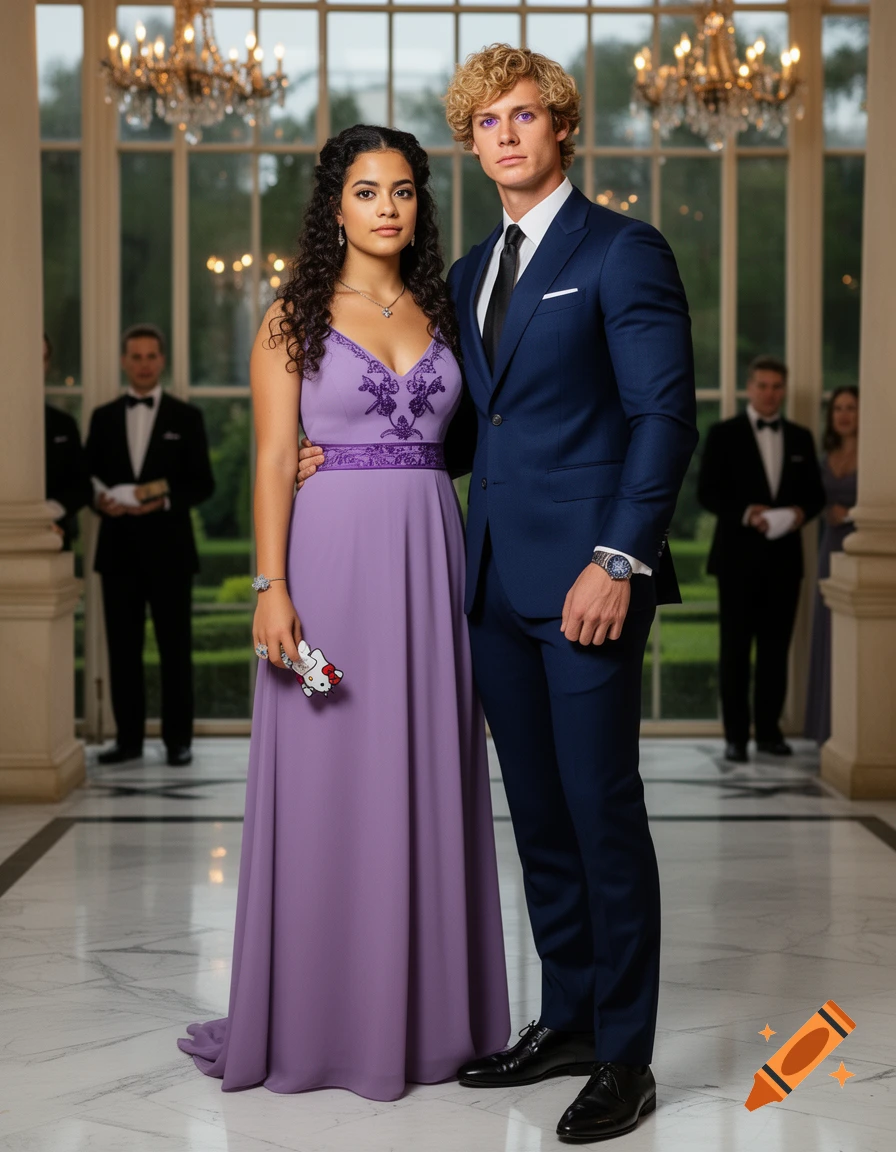 A young man in a blue suit and a young woman in a purple dress posing together in a grand hall with chandeliers.