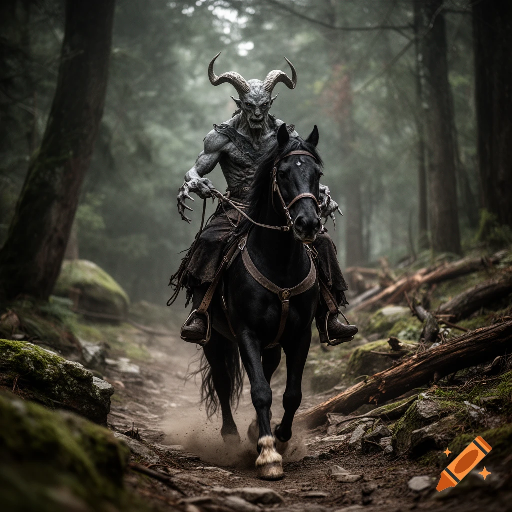 Photorealistic image of a horned grey monster riding a black horse through a misty forest path.