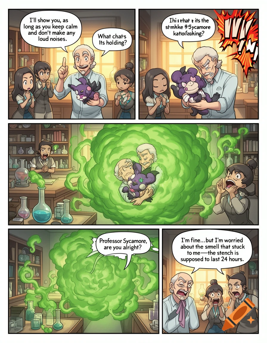 A four-panel manga-style comic depicting Professor Sycamore and assistants interacting with a Stunky that releases a green stink cloud.