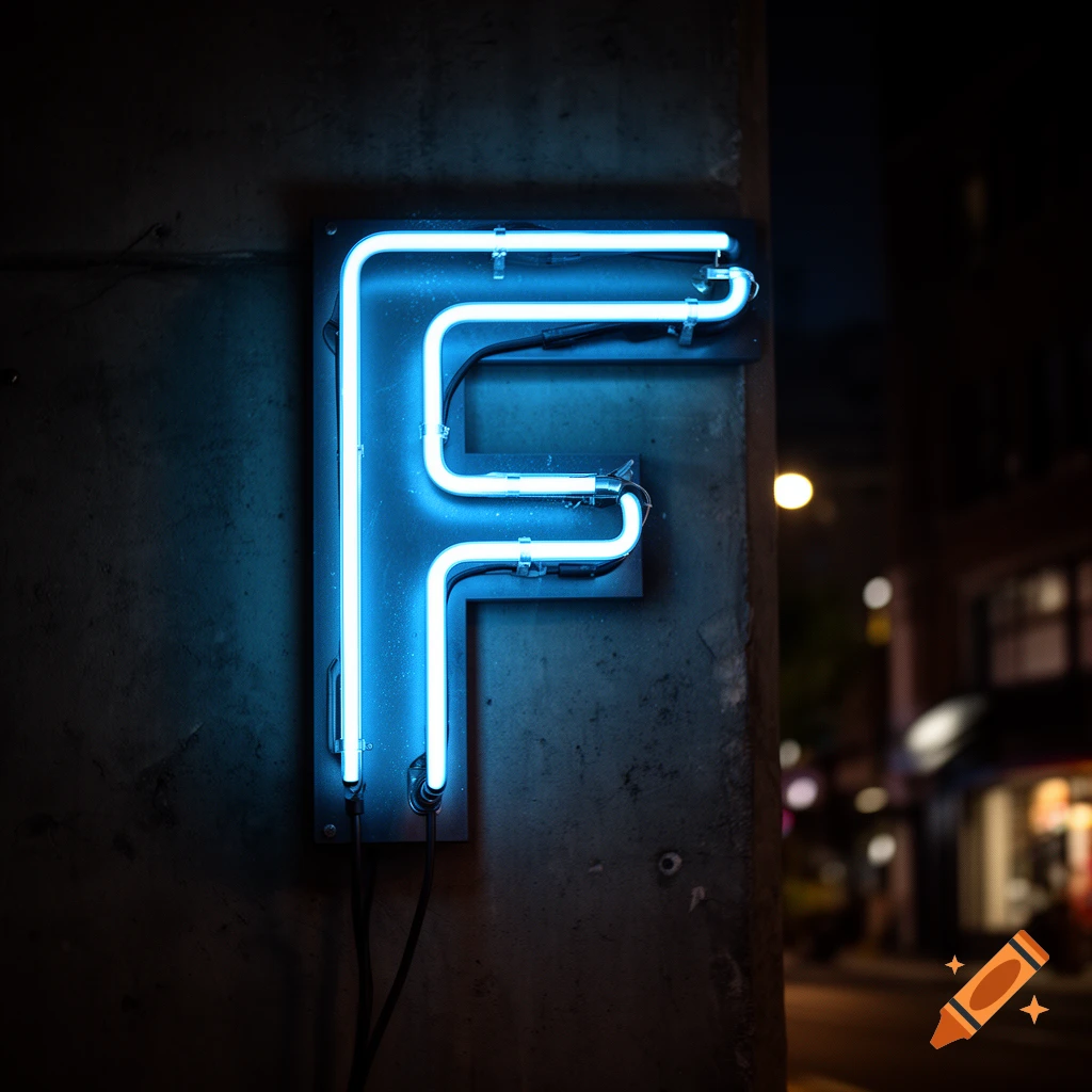 A glowing blue neon sign in the shape of the letter F mounted on a dark textured wall at night.