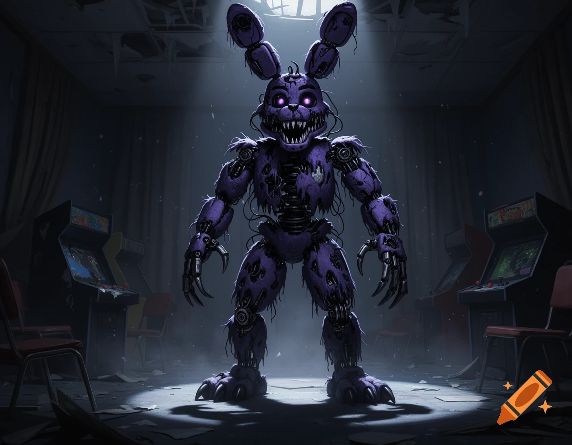 A terrifying purple animatronic rabbit with glowing eyes and sharp teeth standing in a dark, ruined arcade room.