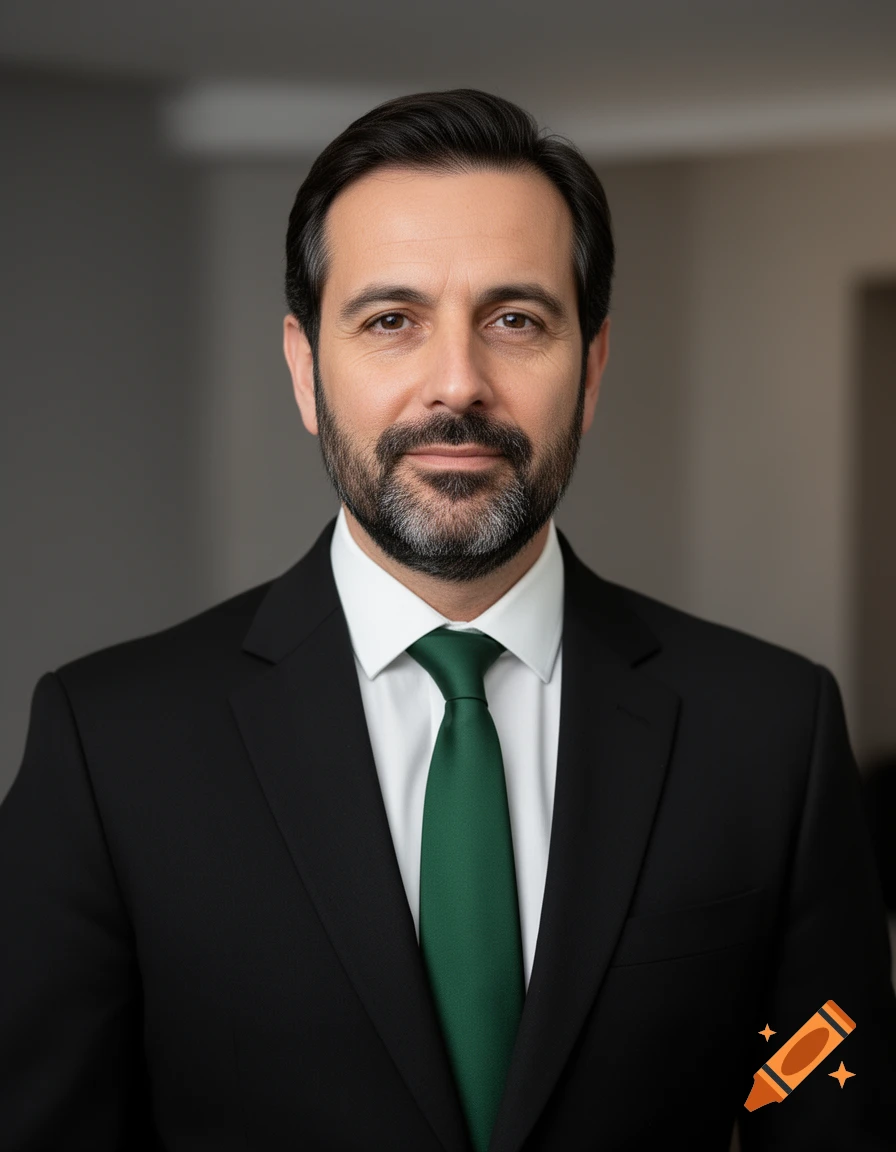 Photorealistic portrait of a 45-year-old man with a beard, wearing a black suit, white shirt, and green tie.