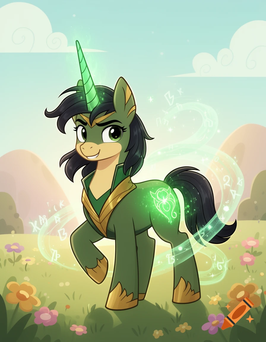 Digital illustration of a green unicorn pony with black hair and gold armor in a flowery meadow, in the style of My Little Pony.