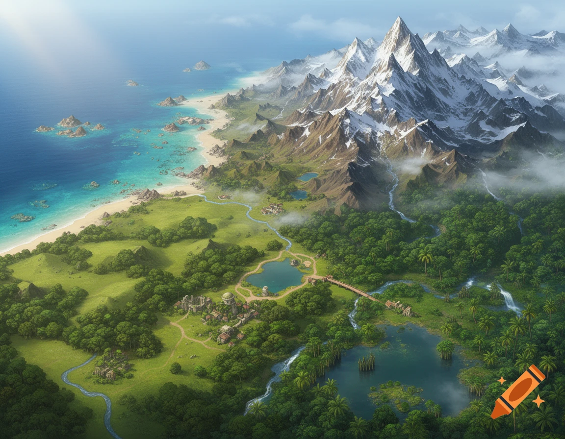 Aerial view of a fantasy map with snowy mountains, lush green forests, rivers, and a coastal beach with turquoise water.
