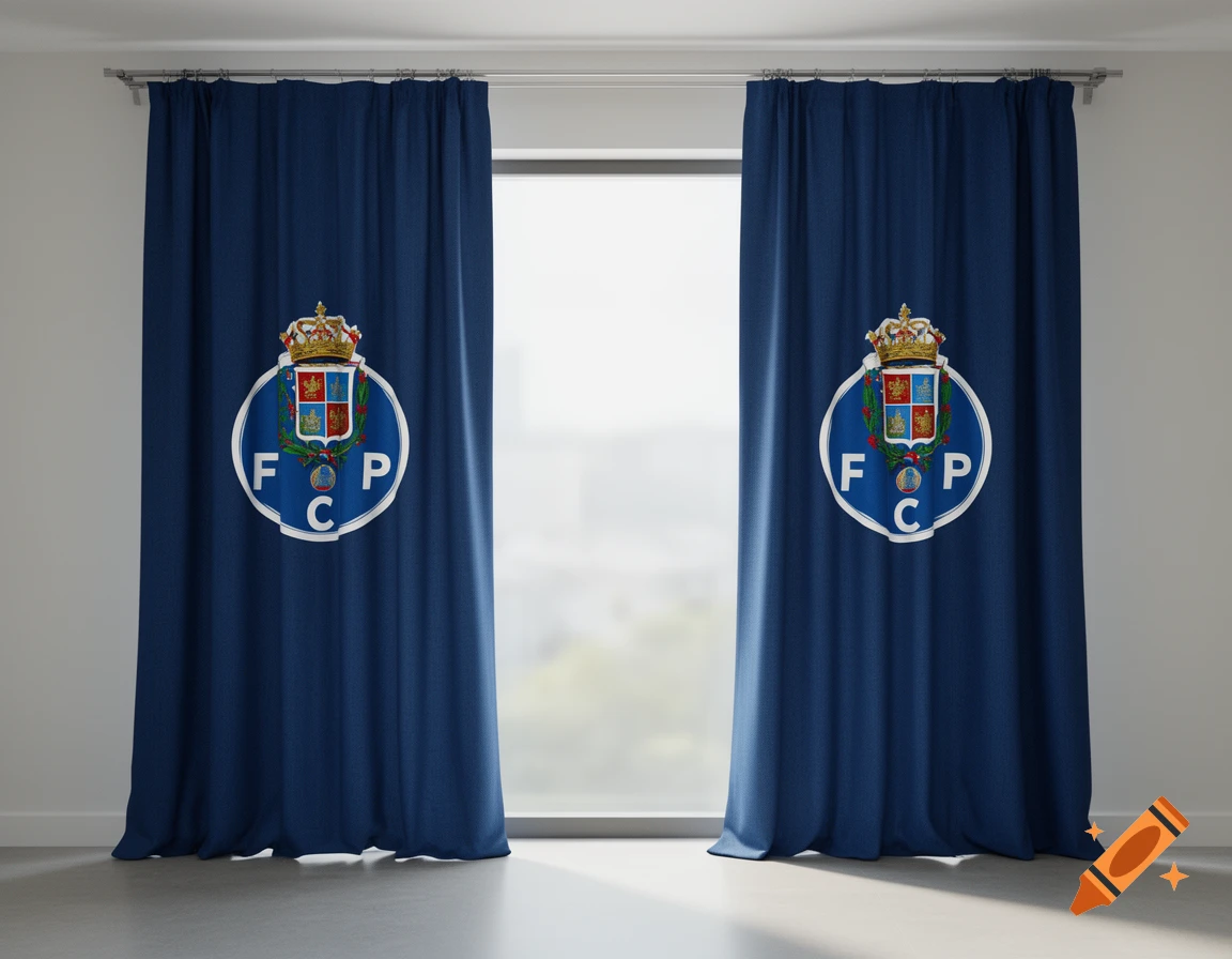 Photorealistic image of two blue curtains featuring the FC Porto crest hanging on a rod in a bright room.