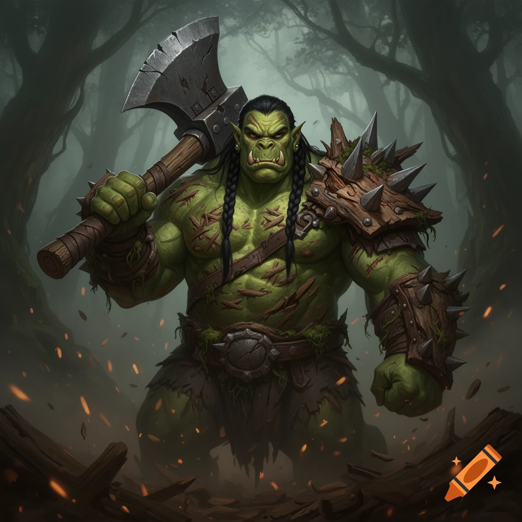 Digital fantasy painting of a massive green-skinned orc barbarian holding a giant axe in a misty forest.