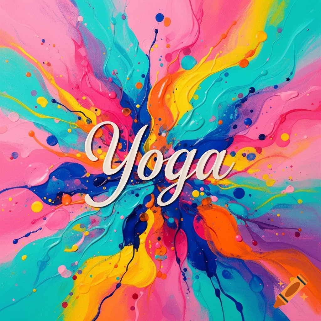 Colorful abstract fluid art with paint splashes and the word Yoga written in white cursive script.