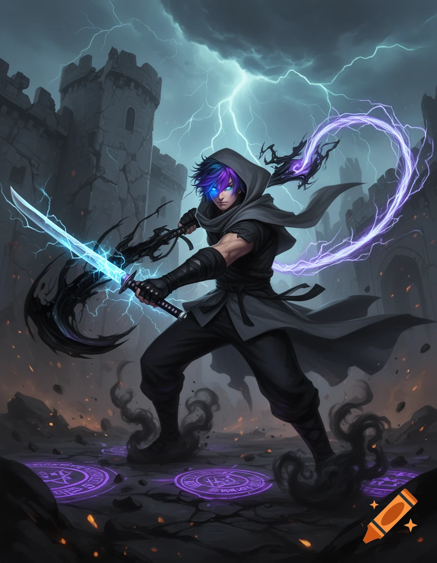 Digital illustration of a fantasy ninja with glowing blue eyes holding a glowing blue sword and purple lightning whip in front of a ruined castle.