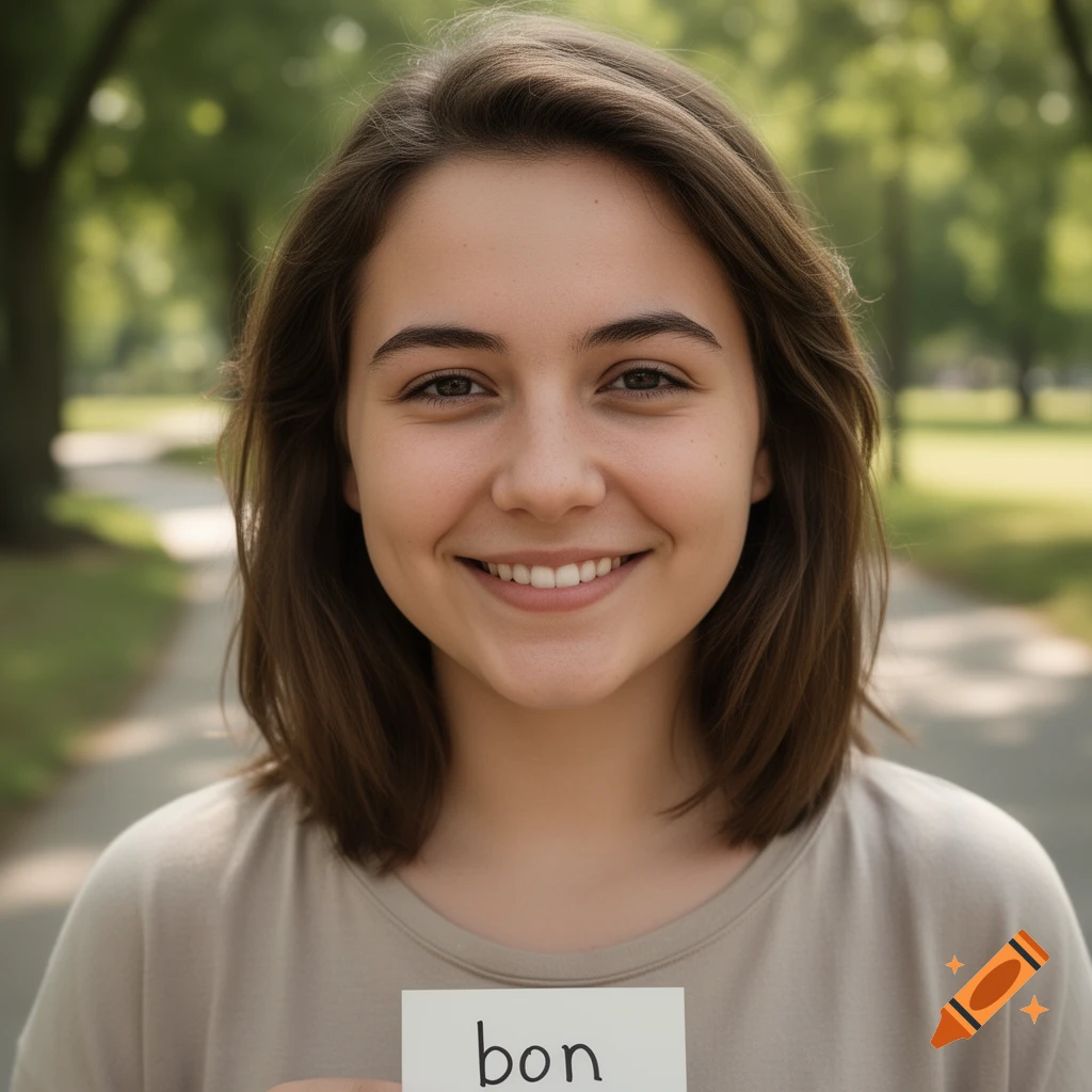 Photorealistic portrait of a smiling young woman holding a card with the text 'bon' in a park.