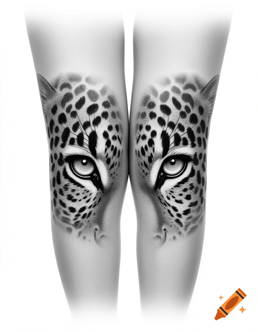 Black and white tattoo design of leopard eyes with spot patterns on knees