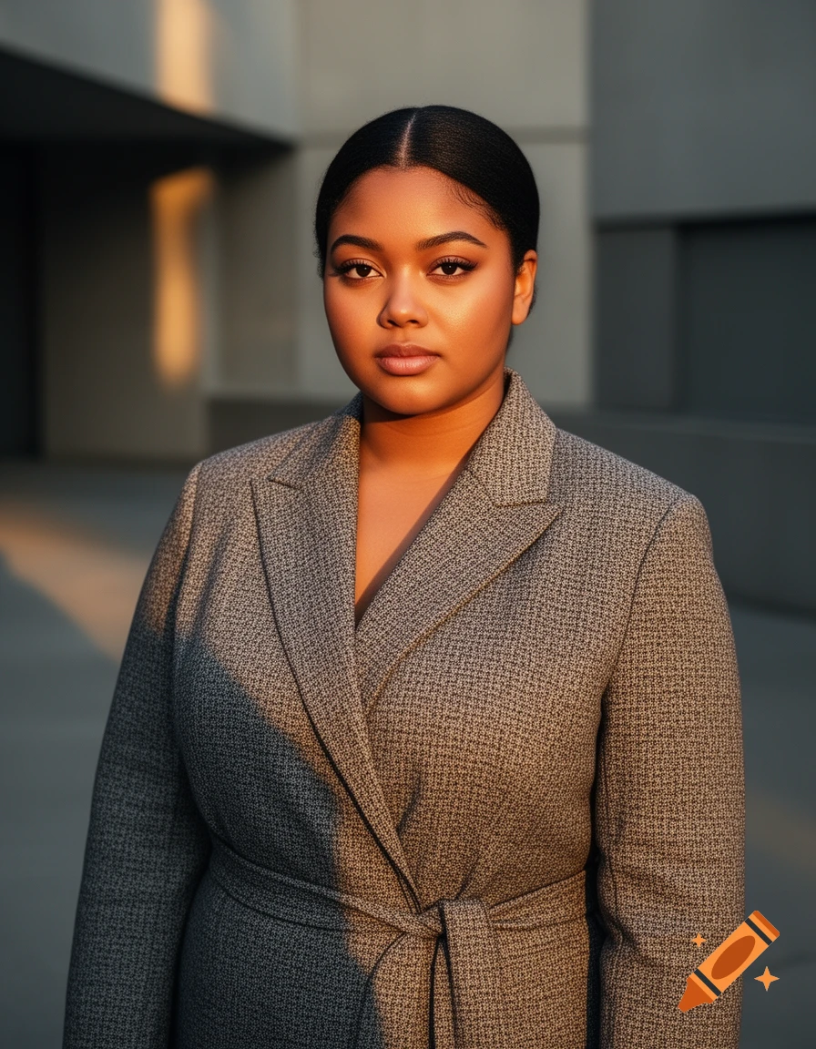 Photorealistic portrait of a young woman with dark hair tied back, wearing a tweed blazer outdoors during sunset.