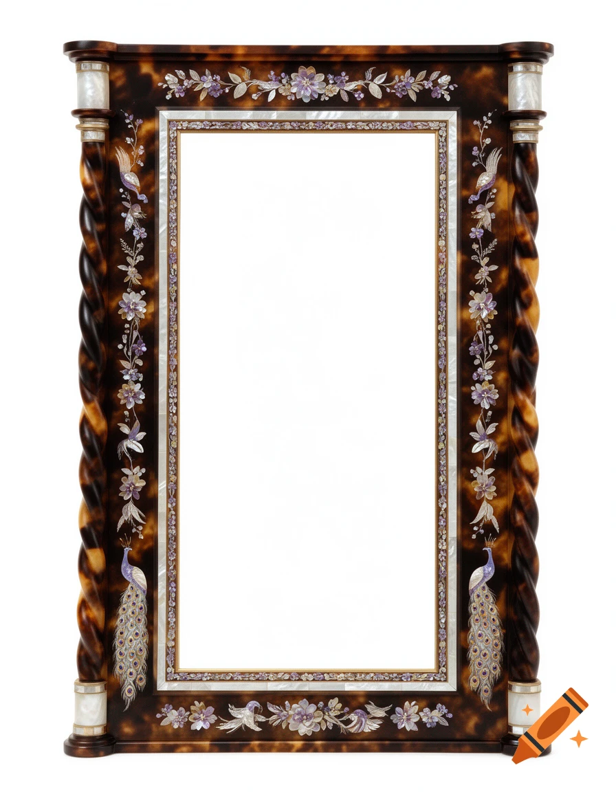 An ornate French-style vertical tortoiseshell mirror with mother-of-pearl inlay, floral motifs, peacocks, and twisted columns.