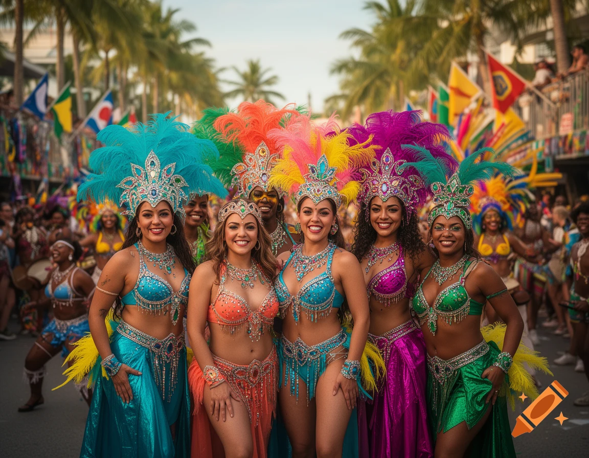 Group of women in vibrant carnival costumes with feathered headdresses smiling at a street parade.