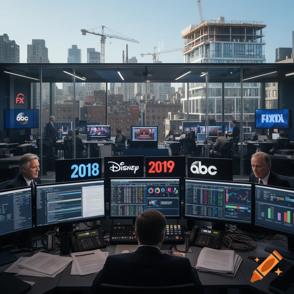 Photorealistic control room in a modern office with multiple screens displaying graphs, charts, and networks like Disney and ABC.