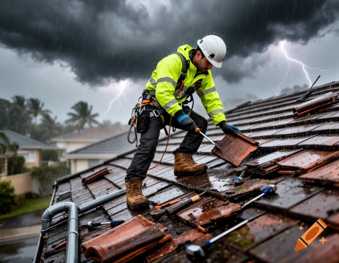 Photorealistic image of a roofer in a neon jacket and hard hat repairing a damaged roof during a stormy sky with lightning.