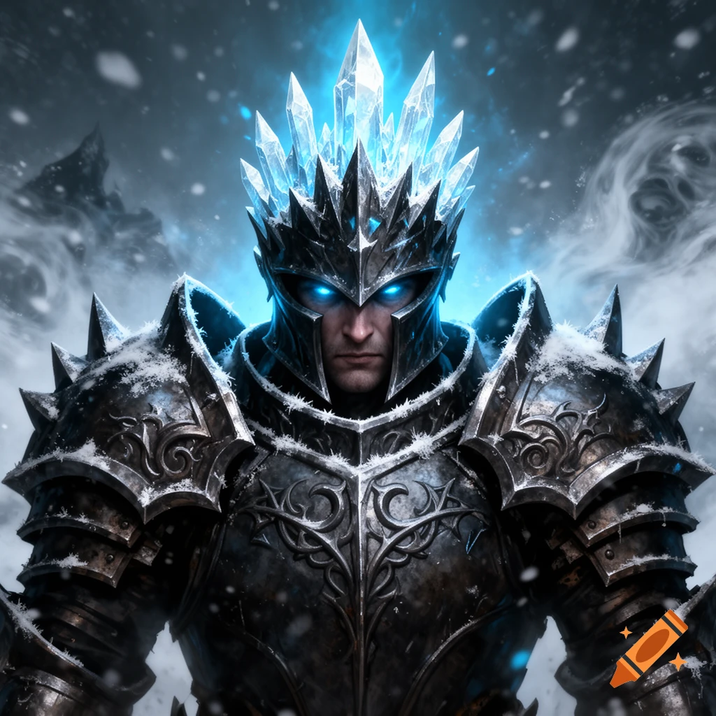 Close-up digital fantasy art of a sinister frost knight with glowing blue eyes, a jagged ice crown, and dark metallic plate armor in a blizzard.