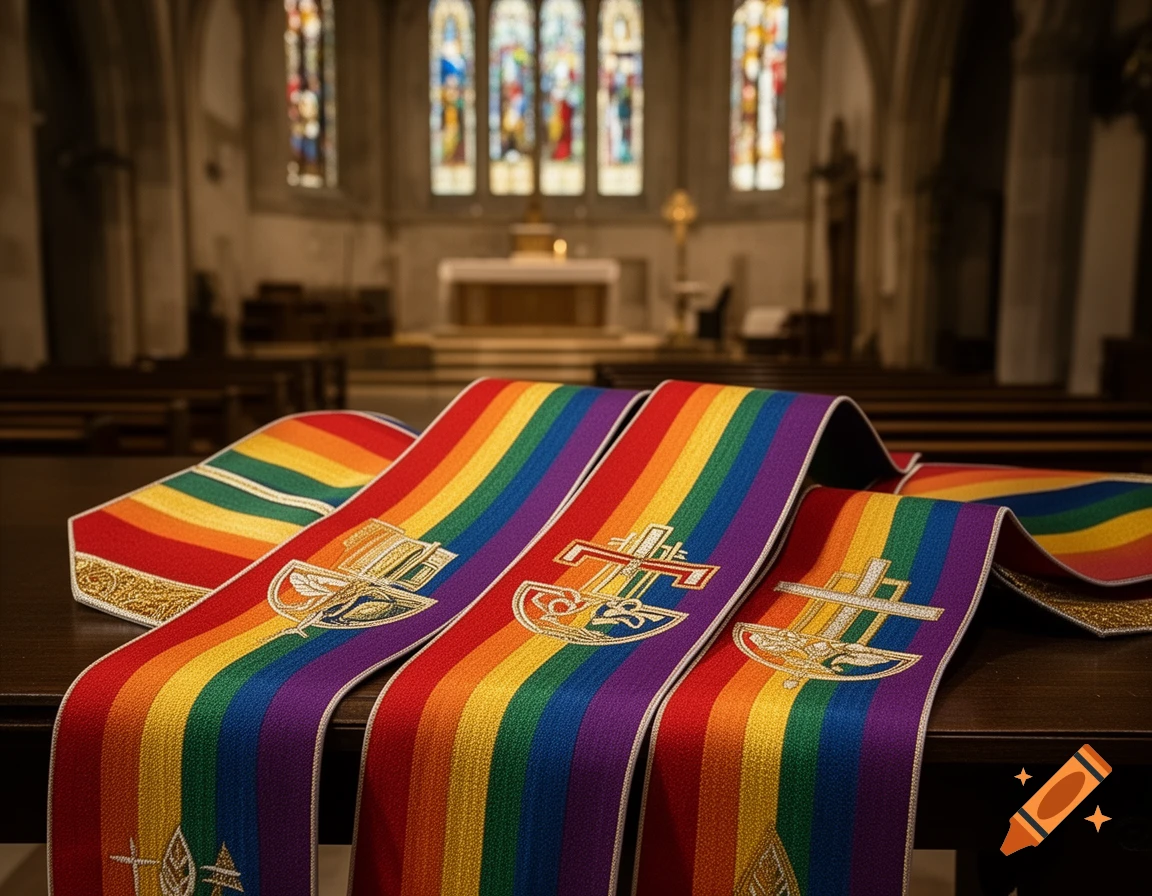 Several rainbow stoles for a pastor laid out on a wooden table inside a church with stained glass windows in the background.