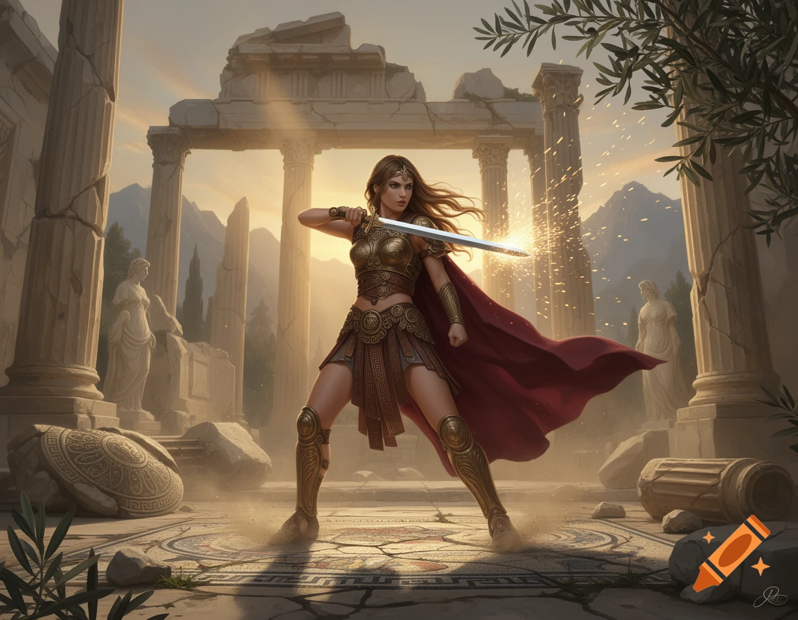 Digital art of an ancient Greek demigoddess in armor training with a sword amidst ancient ruins.