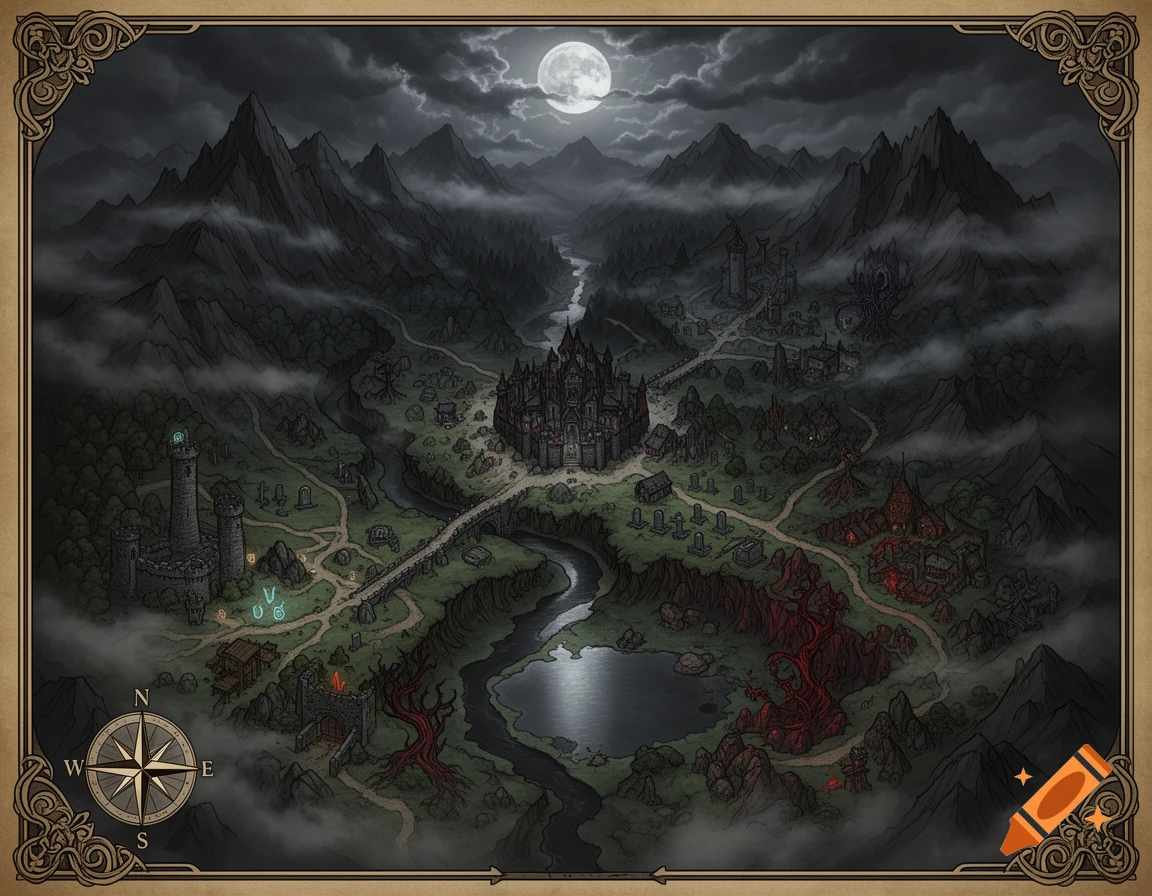 Detailed fantasy tabletop RPG map of a dark realm with a central castle, winding rivers, mountains, and a compass rose, dark illustrative style.