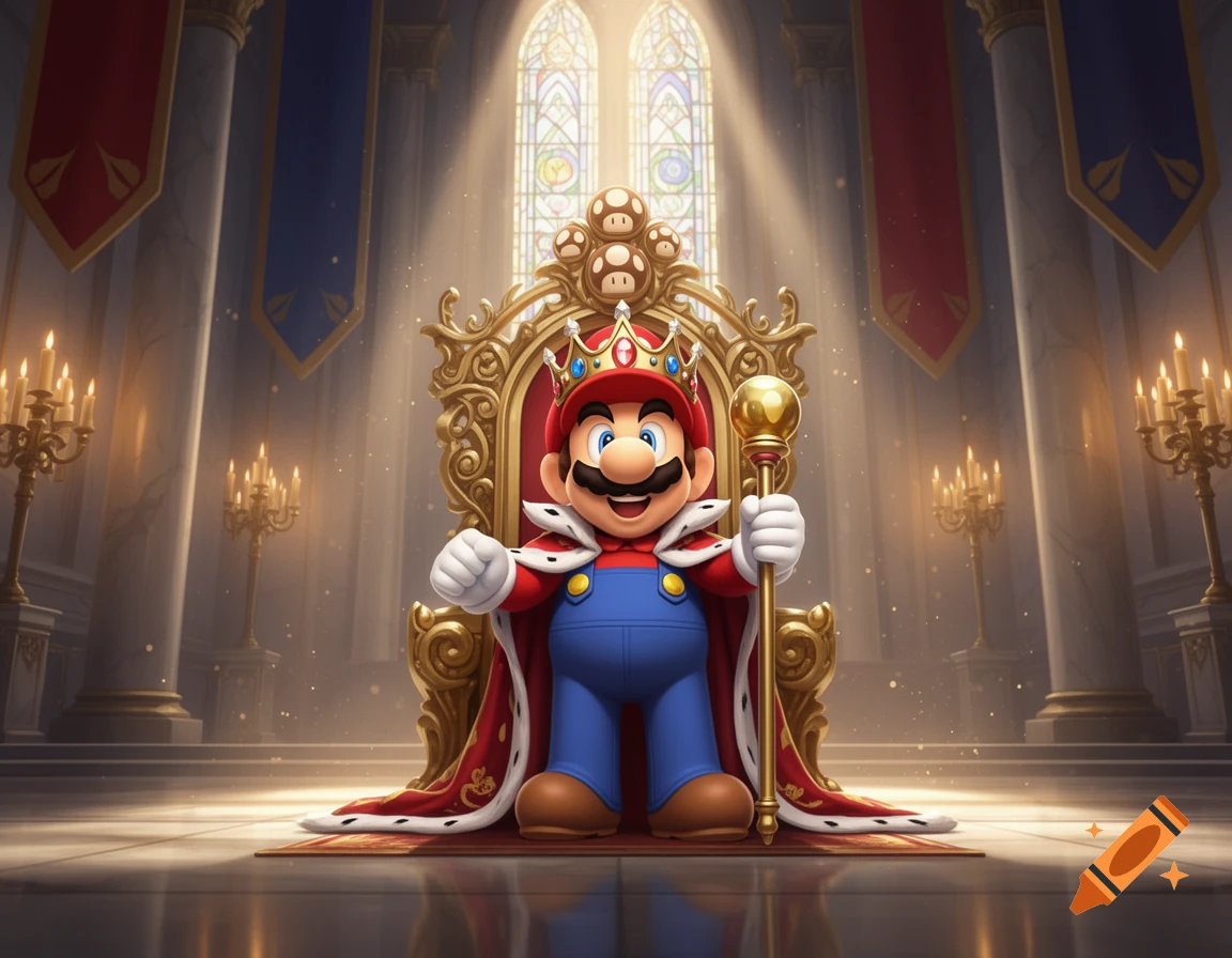 Mario wearing a crown and royal cape, sitting on a grand golden throne in a large cathedral.