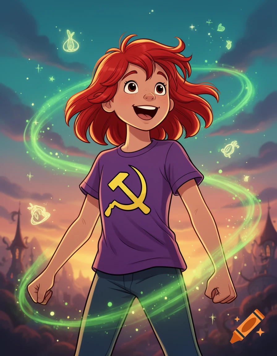 An animated style illustration of a smiling red-haired girl in a purple shirt with a hammer and sickle symbol, surrounded by glowing green magic swirls against a dusk sky.