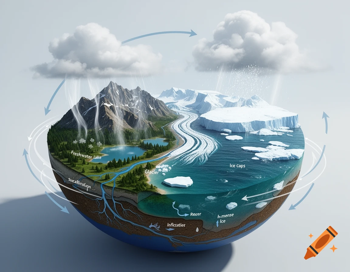 3D cross-section diagram of the Earth showing the water cycle with mountains, glaciers, oceans, and clouds.