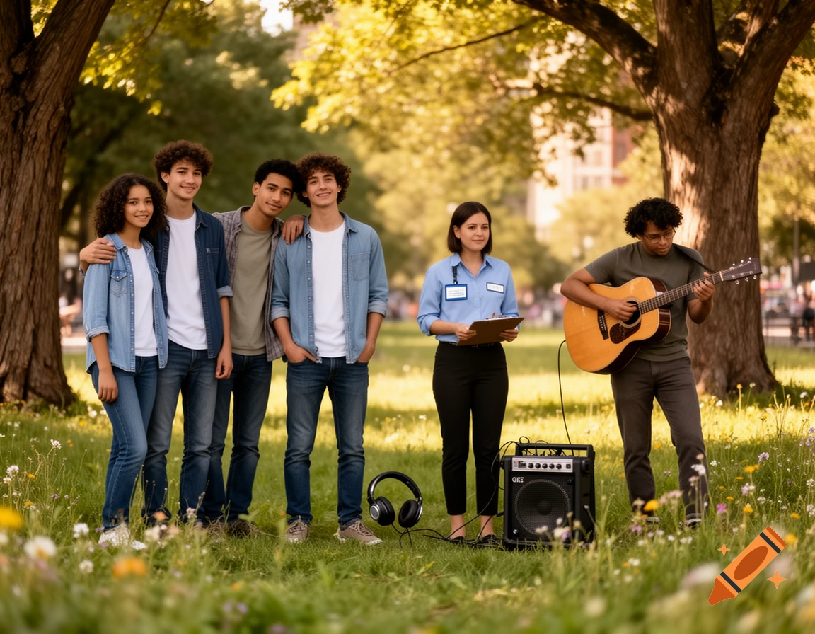 Five young adults and a woman holding a clipboard stand in a grassy park, with one man playing an acoustic guitar.