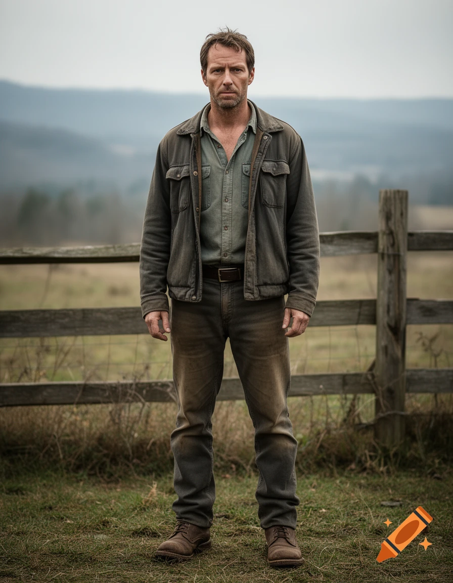 Photorealistic full-body portrait of a rugged man standing outdoors in front of a wooden fence.
