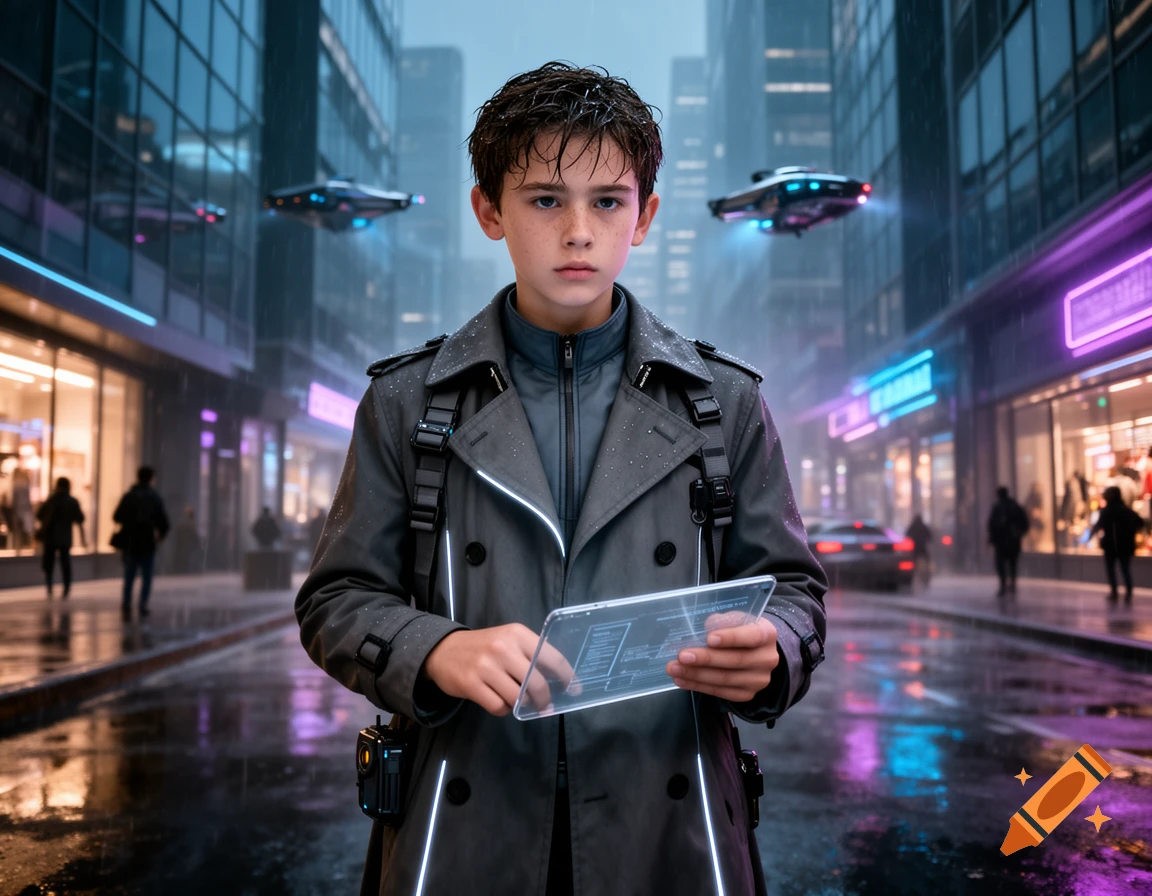 Photorealistic portrait of a young detective boy in a futuristic rainy city street holding a holographic tablet, with flying vehicles in the background.