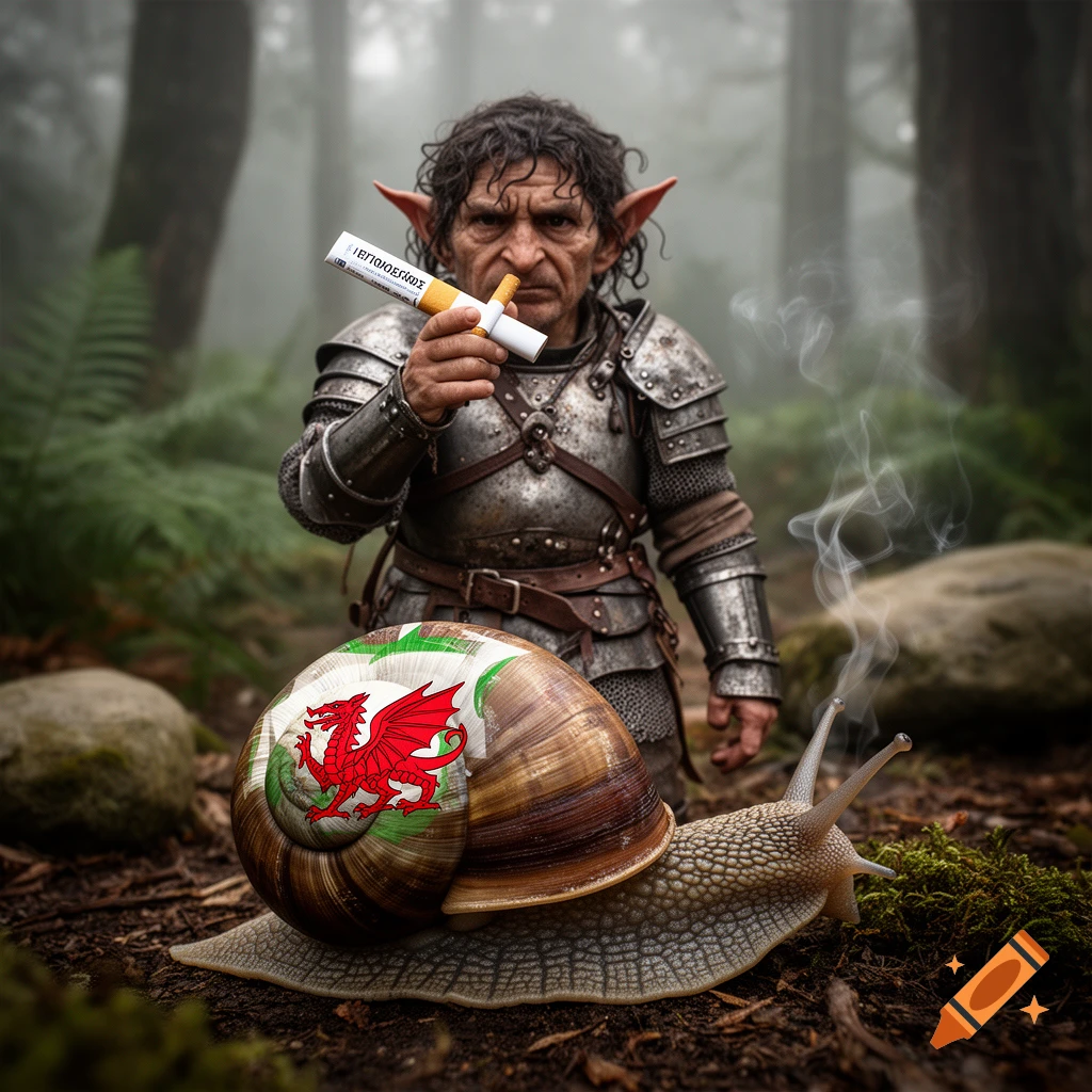 A grumpy goblin in medieval armor holding a cigarette, standing behind a large snail with the Welsh flag on its shell in a misty forest.