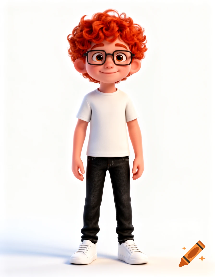 Full-body 3D cartoon style illustration of a 10-year-old boy with red curly hair, square glasses, a white t-shirt, black jeans, and white sneakers against a white background.