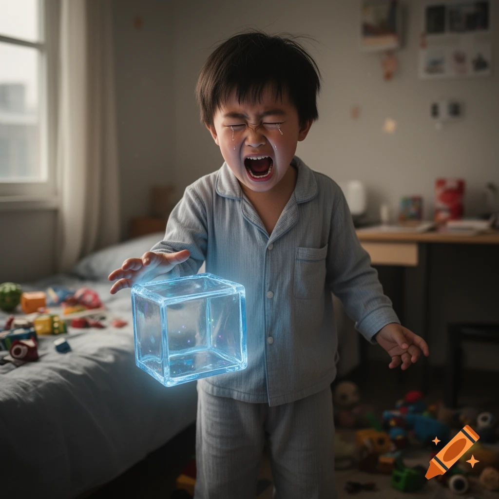 A young child in blue pajamas crying while holding a glowing blue cube in a bedroom, photorealistic style.