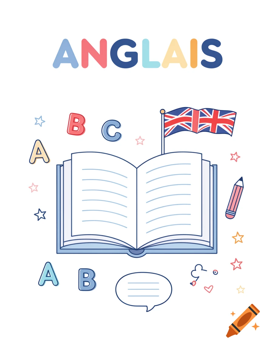 An illustrated open book with English flag, letters, and the word ANGLAIS in pastel colors.