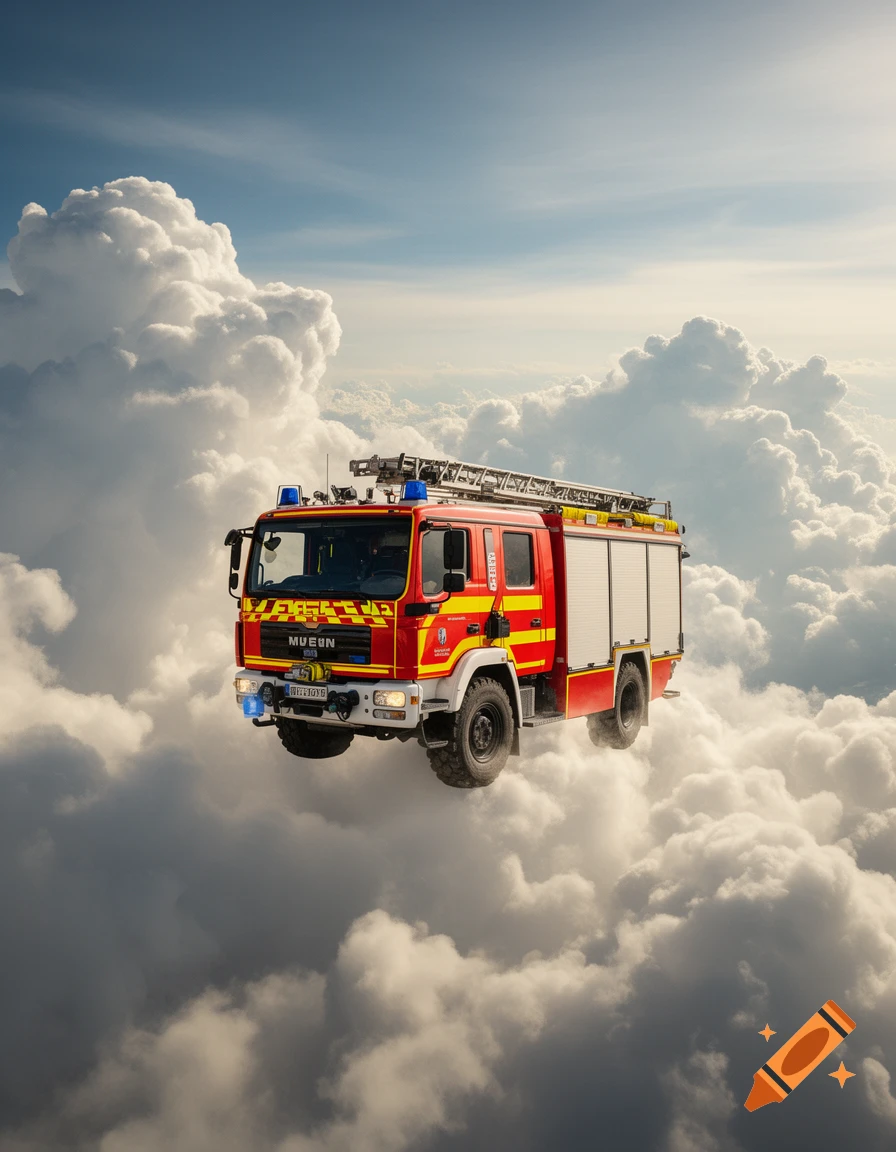 A German fire truck floating in the middle of a vast sea of fluffy white clouds under a bright blue sky, photorealistic style.