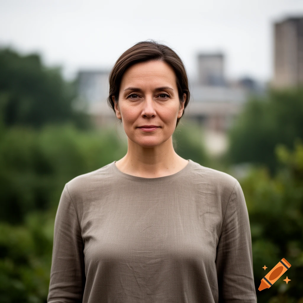 Photorealistic portrait of a woman with dark hair in a brown top, with a blurred outdoor background.