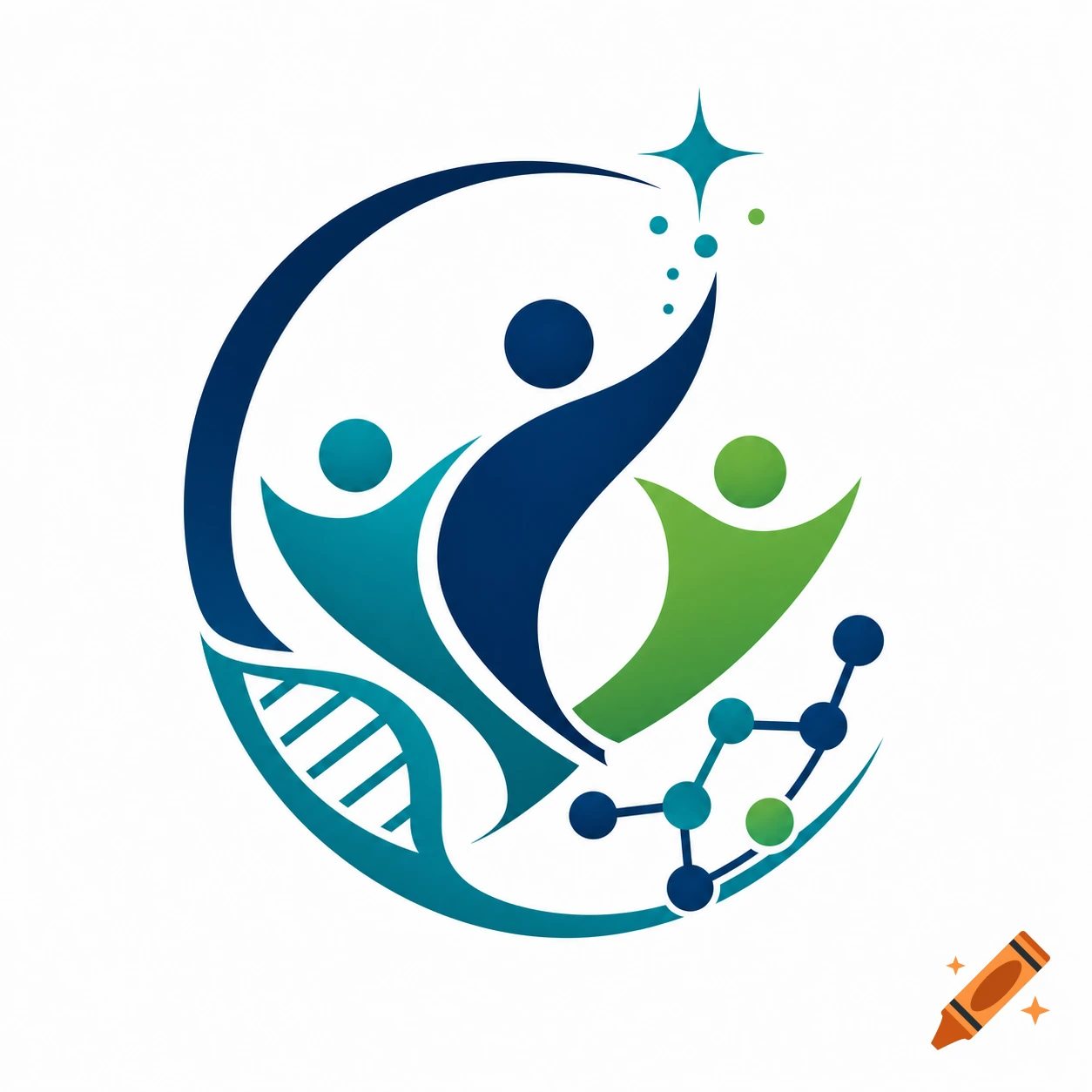 Vector logo depicting three stylized human figures with DNA helix and molecular structures in blue and green.