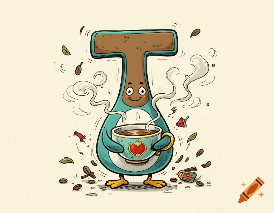 Cartoon illustration of a whimsical creature shaped like the letter T, holding a small teacup, in the style of a comic character.