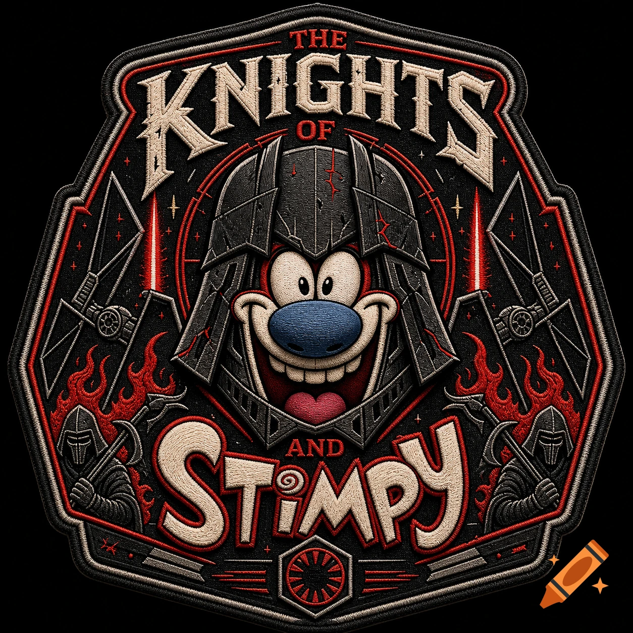 Embroidered patch logo combining Ren and Stimpy with Star Wars Knights of Ren, featuring text
