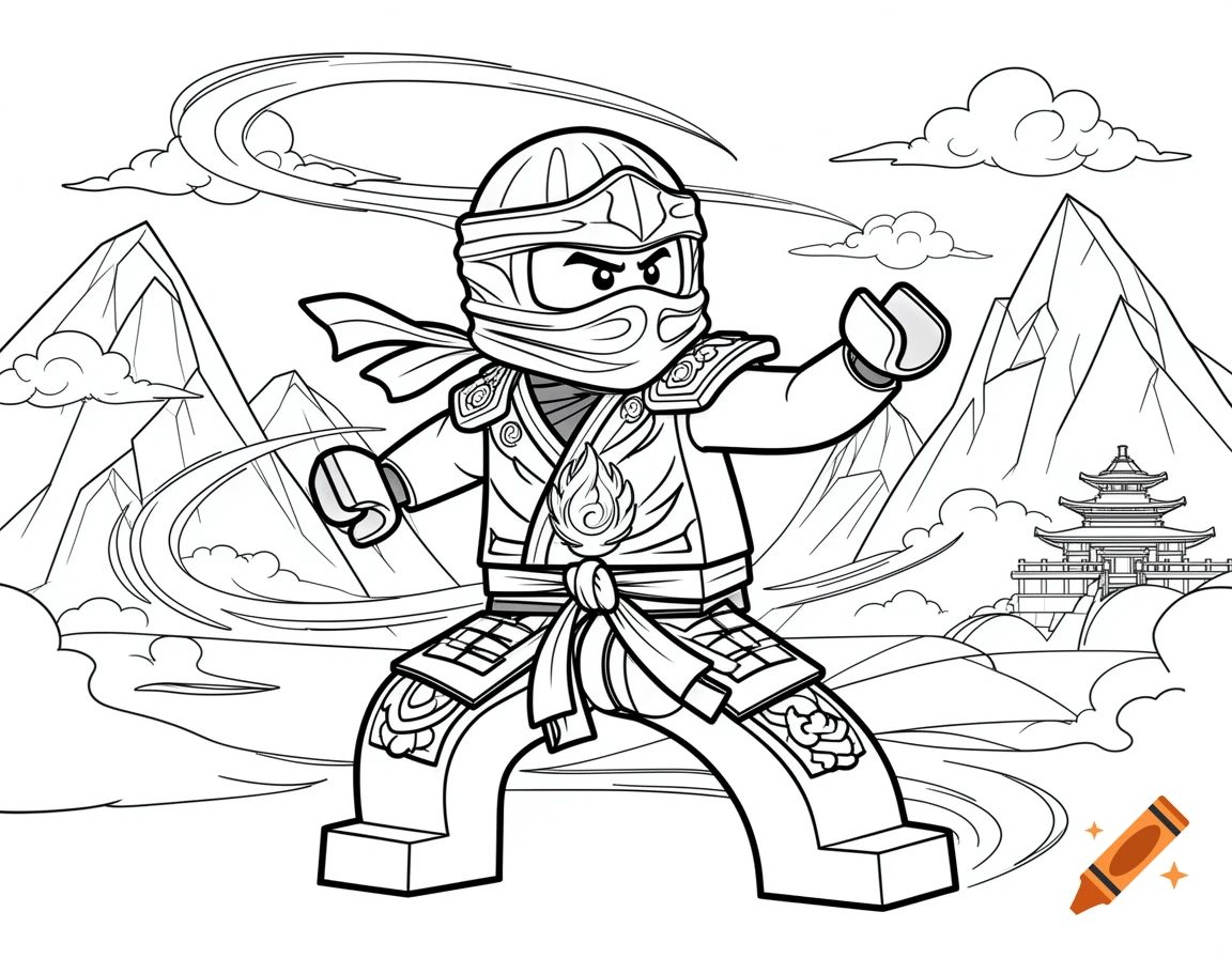 Black and white coloring page of a Lego Ninjago character in a martial arts pose amidst mountains and a temple.