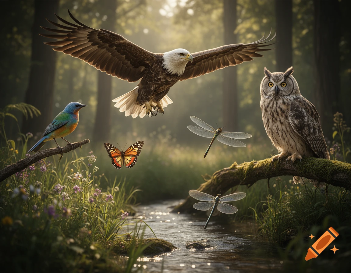 Photorealistic image of a forest stream with an eagle flying above, an owl on a branch, a small bird, a butterfly, and dragonflies.