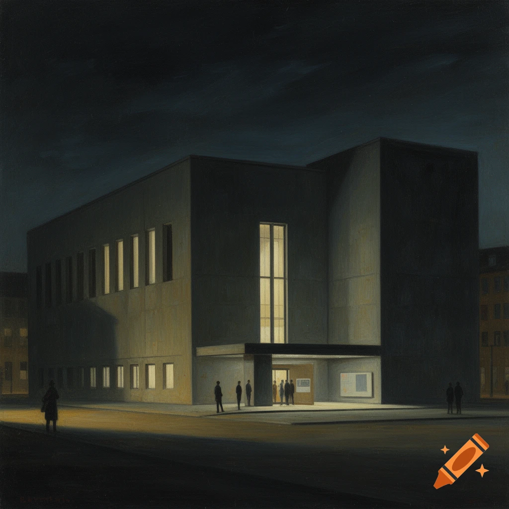 An oil painting in the style of Edward Hooper depicting a modern building at night with lit windows and silhouettes of people standing outside.