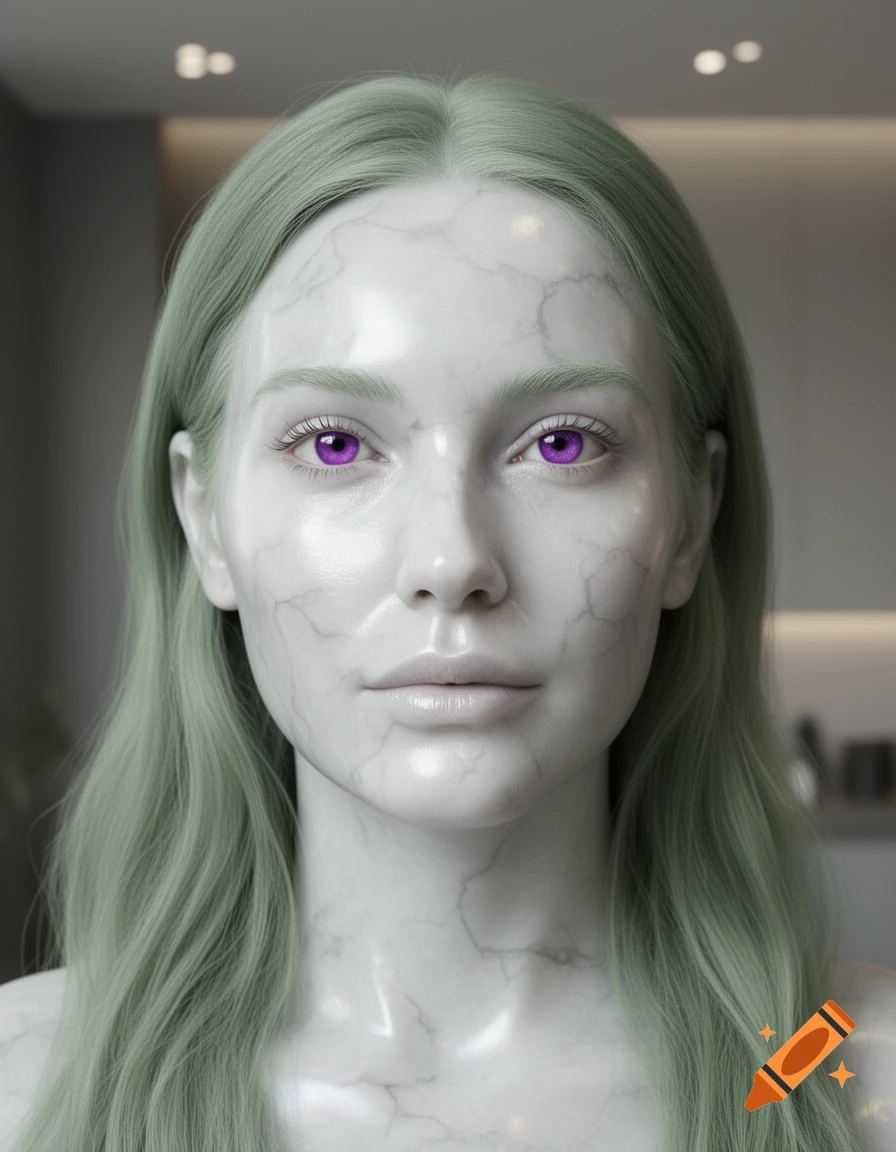 Photorealistic close-up portrait of a woman with pearly white iridescent marble-like skin, vibrant purple eyes, and light green hair.