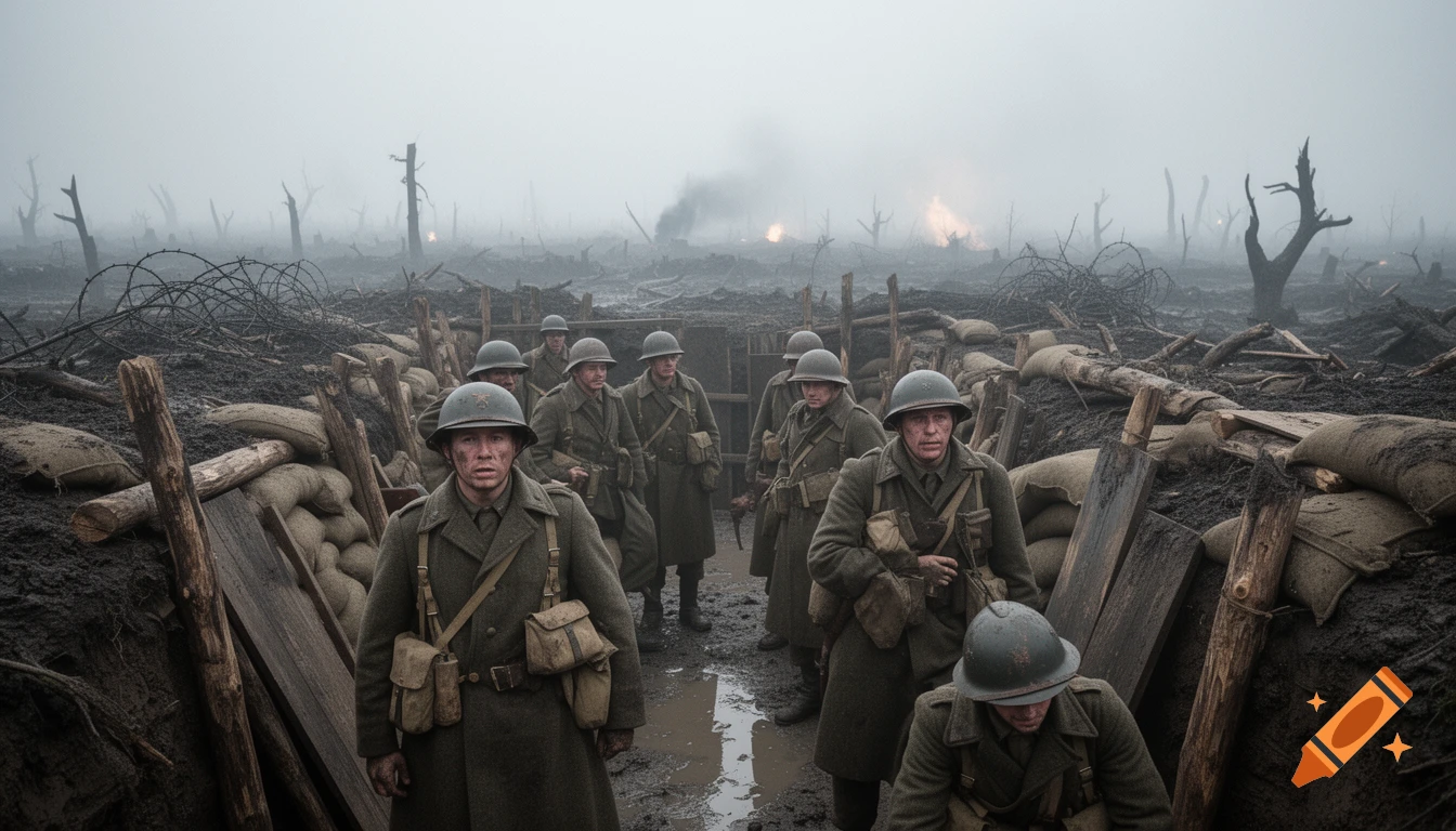 Photorealistic image of soldiers in a muddy WWI trench in Europe, 1916, with a foggy and devastated landscape in the background.